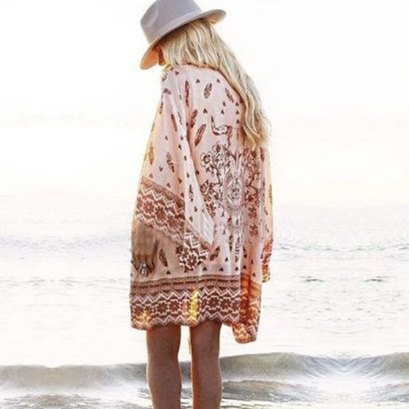 Boho skull print open front kimono with sleeves - Picture 4 of 8